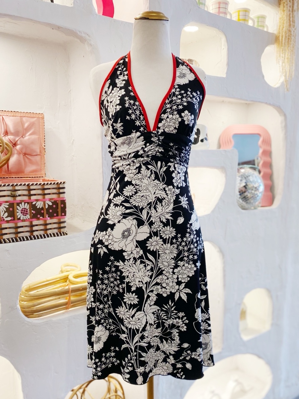 Y2K Vintage Deep V-Neck Floral Halter Dress with Ruched Empire Waist & Red Trim